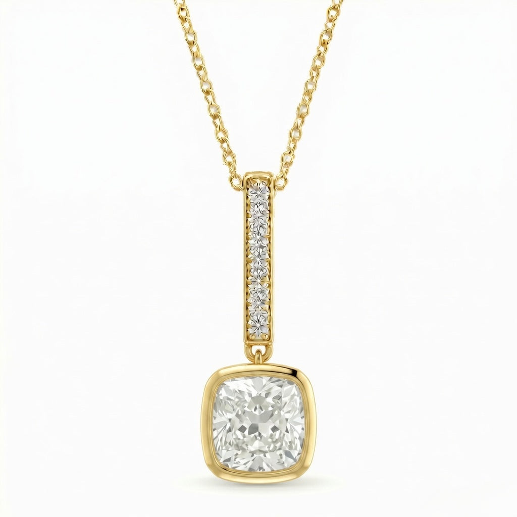 Yellow Gold Cushion Brilliant Elvarion Diamond Bar Drop Pendant Necklace With Pavé Set Vertical Bar And Bezel Prong Solitaire
