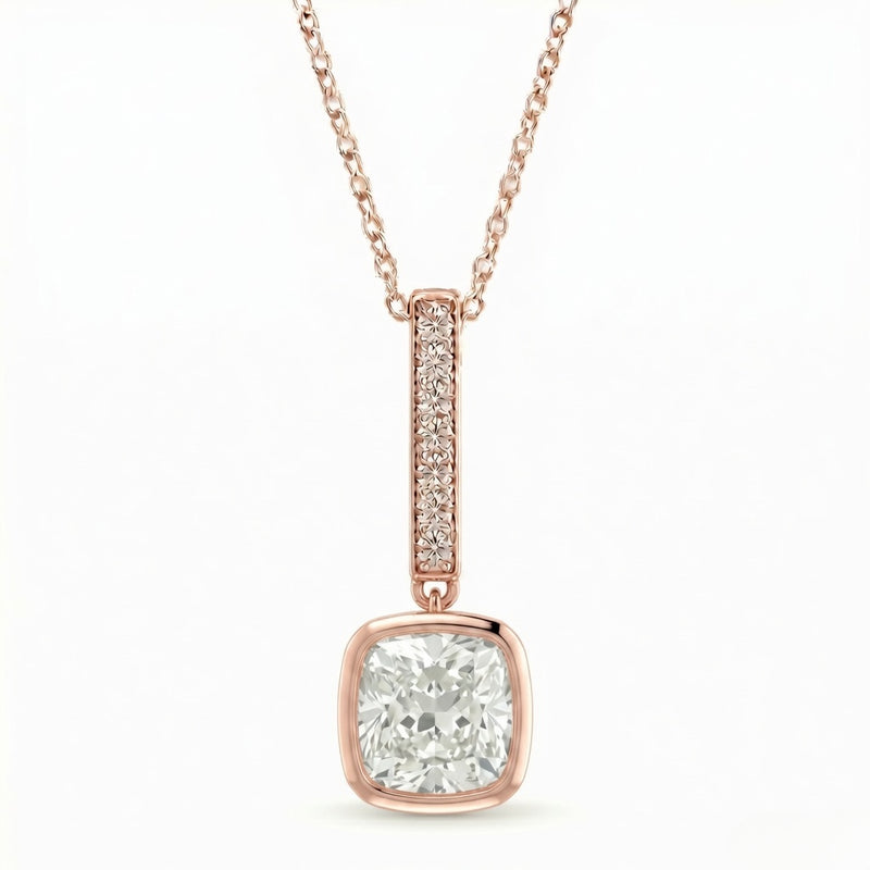Rose Gold Cushion Brilliant Elvarion Diamond Bar Drop Pendant Necklace With Pavé Set Vertical Bar And Bezel Prong Solitaire