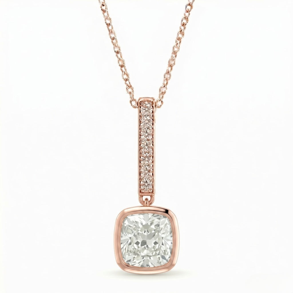 Rose Gold Cushion Brilliant Elvarion Diamond Bar Drop Pendant Necklace With Pavé Set Vertical Bar And Bezel Prong Solitaire