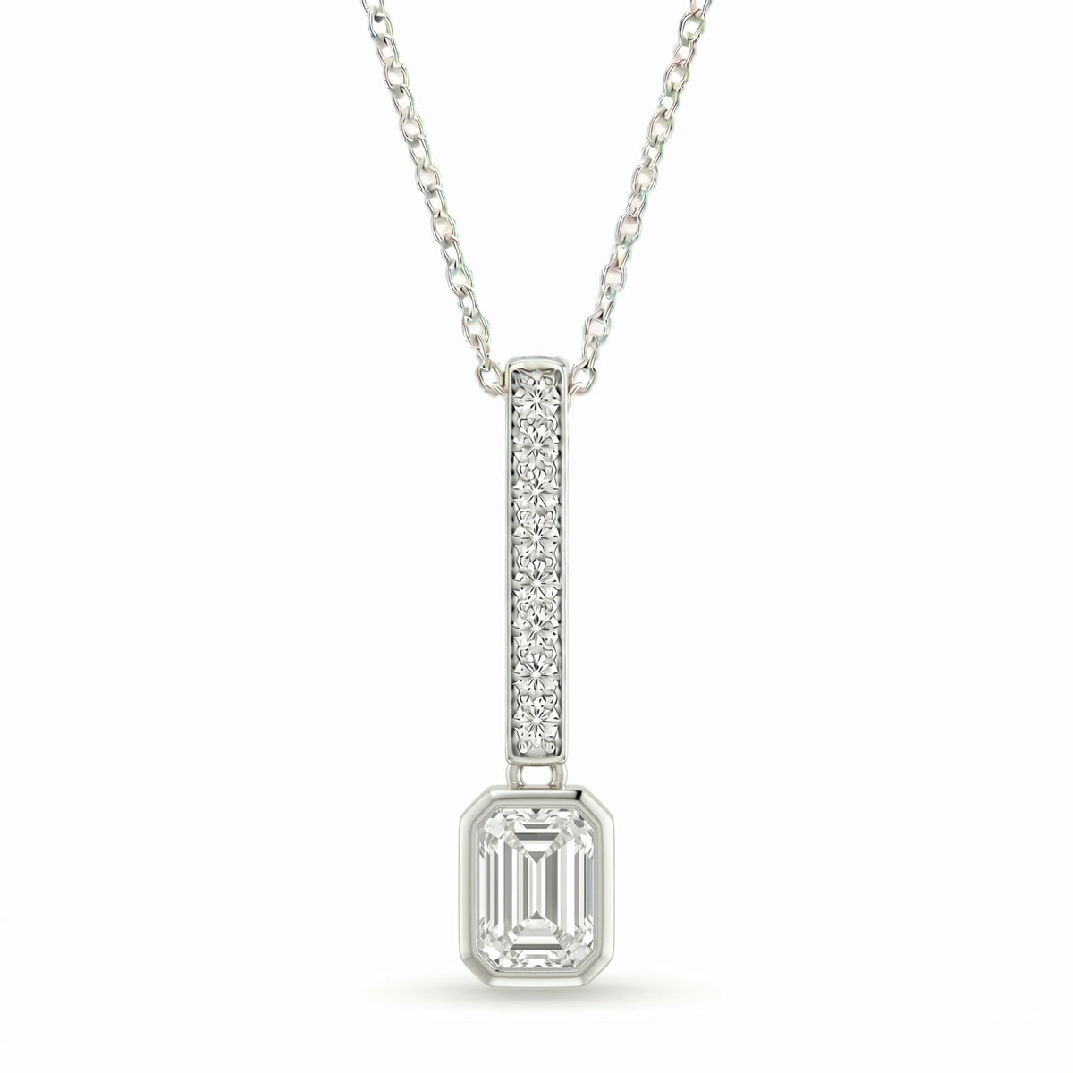 White Gold Emerald Brilliant Elvarion Diamond Bar Drop Pendant Necklace With Pavé Set Vertical Bar And Bezel Prong Solitaire