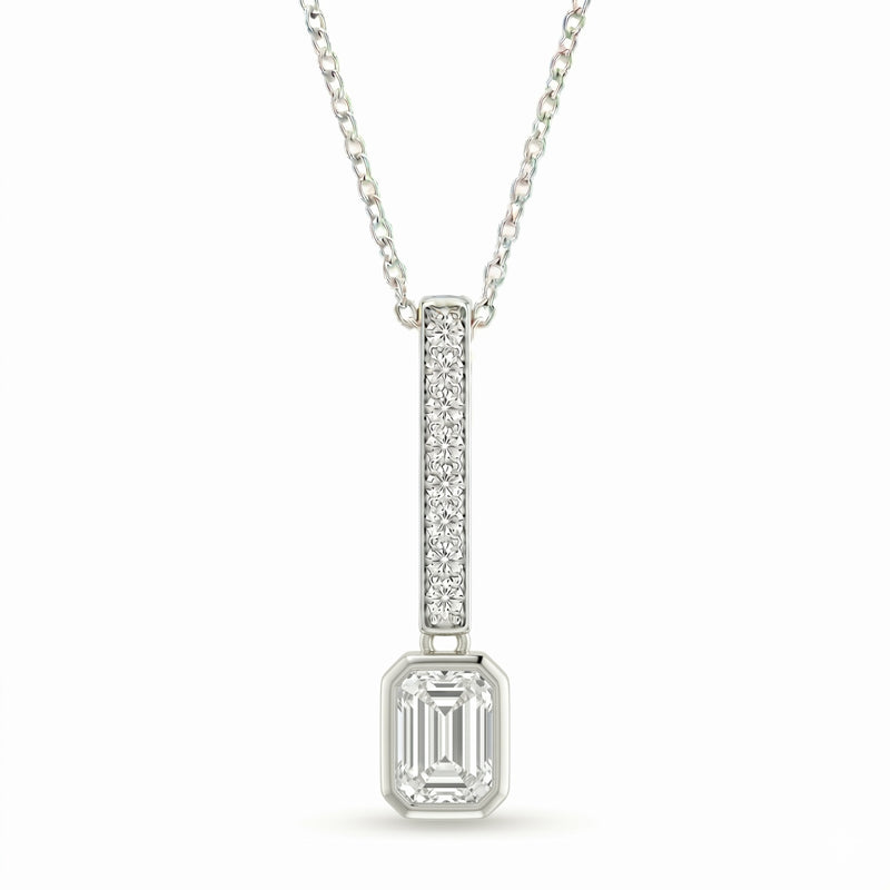 Silver Emerald Brilliant Elvarion Diamond Bar Drop Pendant Necklace With Pavé Set Vertical Bar And Bezel Prong Solitaire