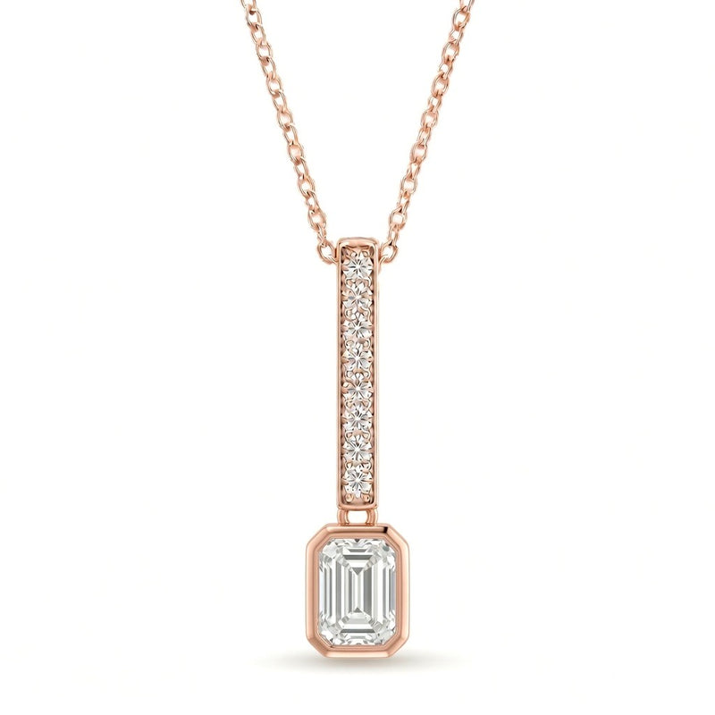 Rose Gold Emerald Brilliant Elvarion Diamond Bar Drop Pendant Necklace With Pavé Set Vertical Bar And Bezel Prong Solitaire