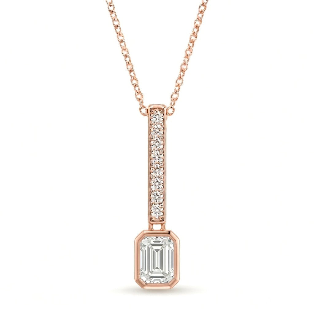 Rose Gold Emerald Brilliant Elvarion Diamond Bar Drop Pendant Necklace With Pavé Set Vertical Bar And Bezel Prong Solitaire