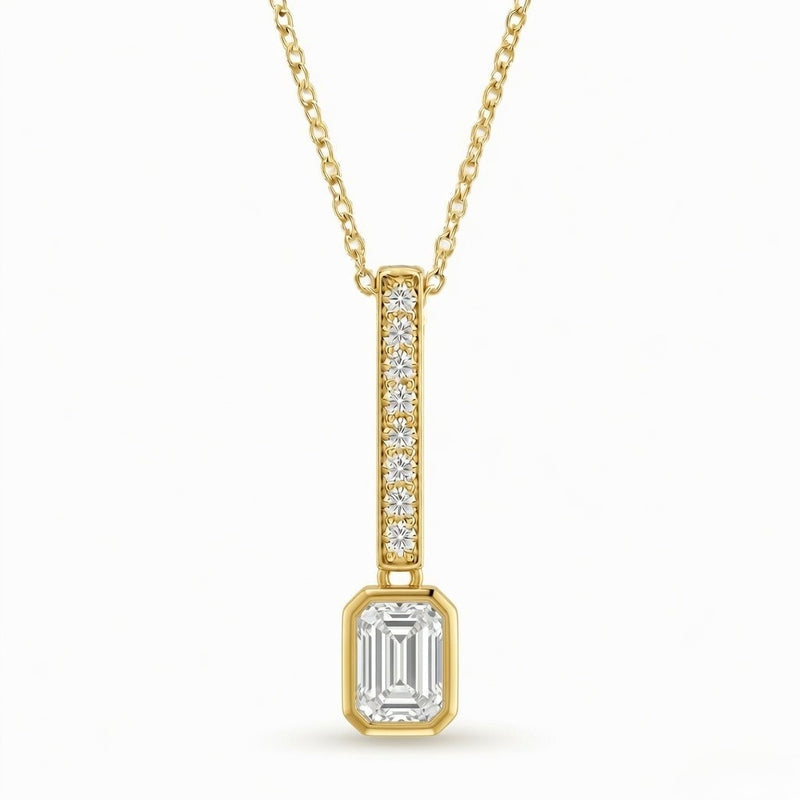 Yellow Gold Emerald Brilliant Elvarion Diamond Bar Drop Pendant Necklace With Pavé Set Vertical Bar And Bezel Prong Solitaire