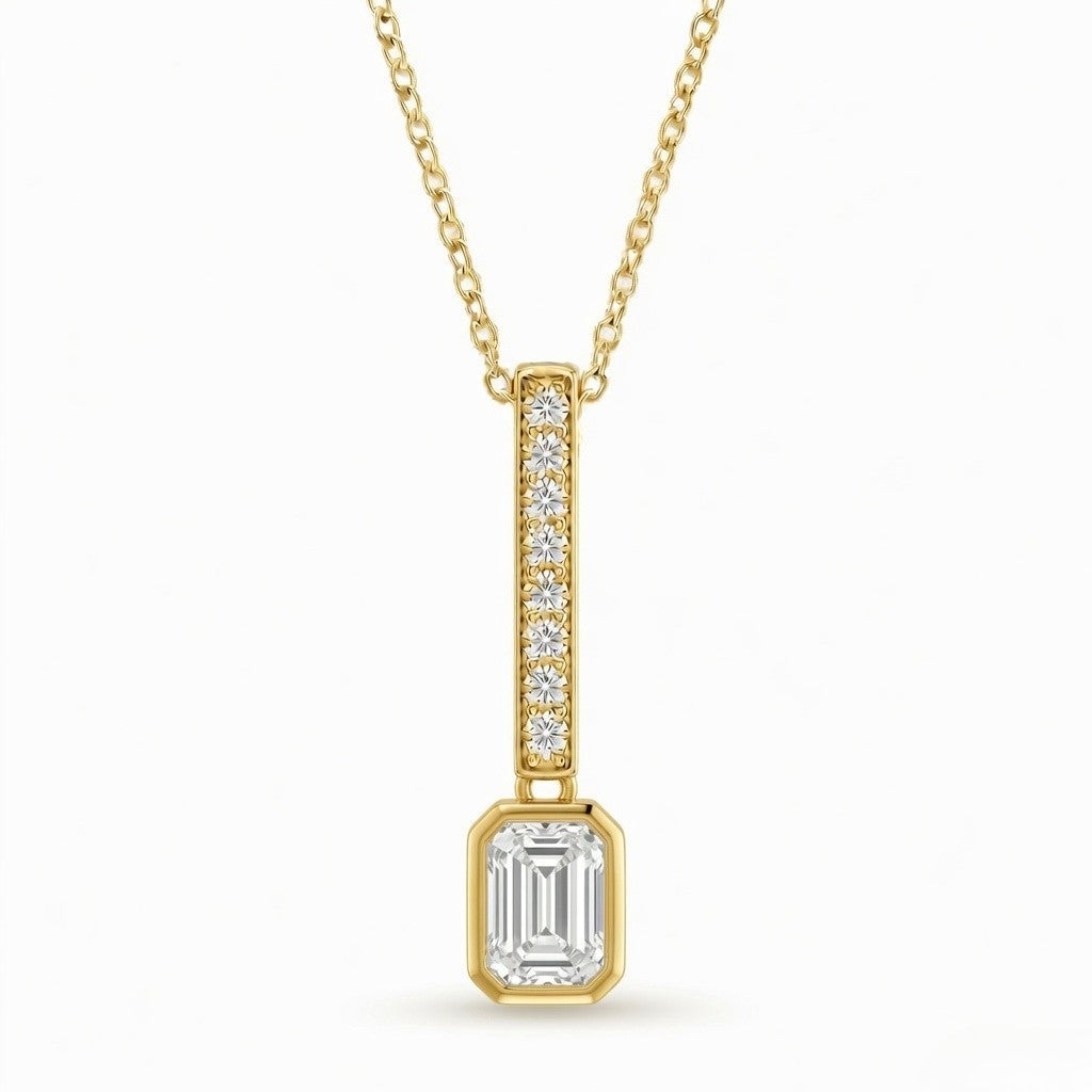 Yellow Gold Emerald Brilliant Elvarion Diamond Bar Drop Pendant Necklace With Pavé Set Vertical Bar And Bezel Prong Solitaire