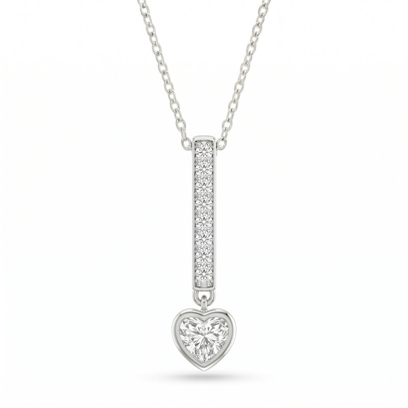 White Gold Heart Brilliant Elvarion Diamond Bar Drop Pendant Necklace With Pavé Set Vertical Bar And Bezel Prong Solitaire