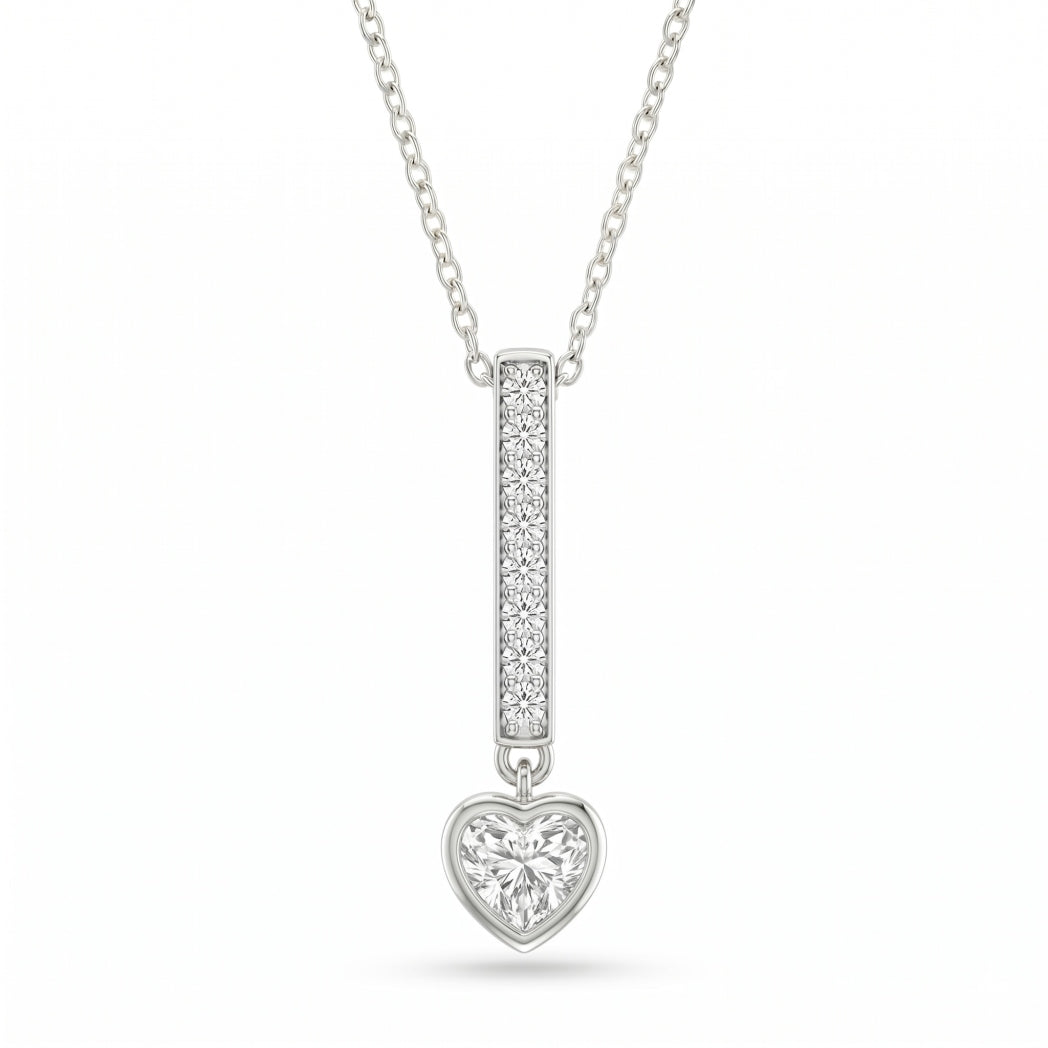 Silver Heart Brilliant Elvarion Diamond Bar Drop Pendant Necklace With Pavé Set Vertical Bar And Bezel Prong Solitaire
