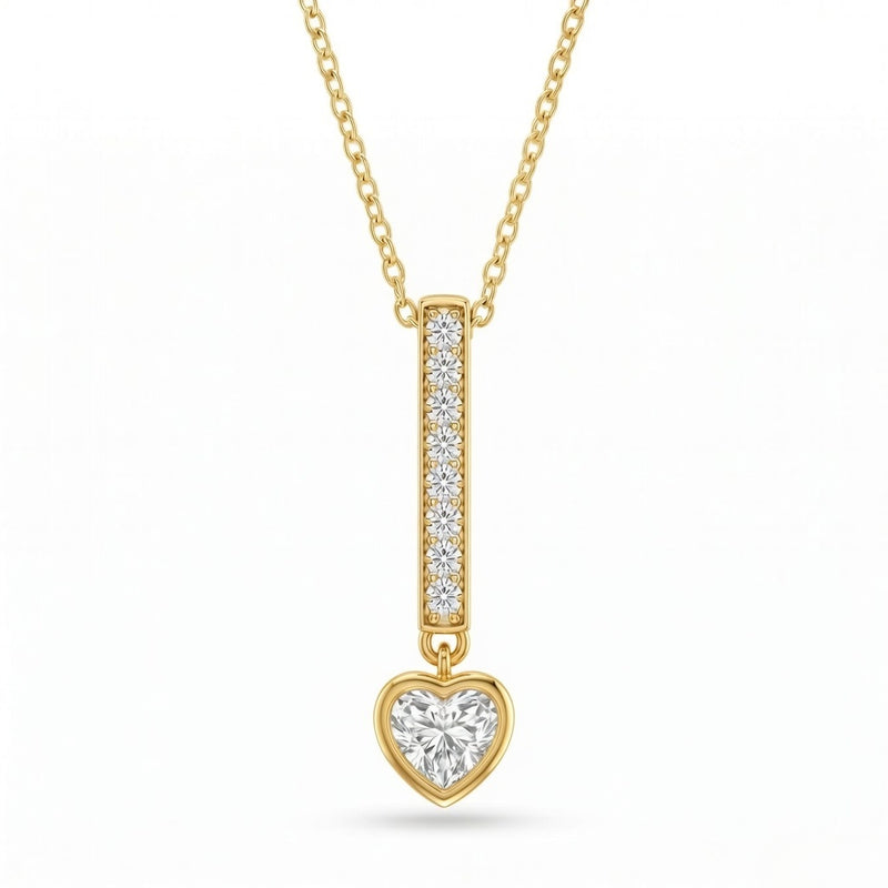 Yellow Gold Heart Brilliant Elvarion Diamond Bar Drop Pendant Necklace With Pavé Set Vertical Bar And Bezel Prong Solitaire