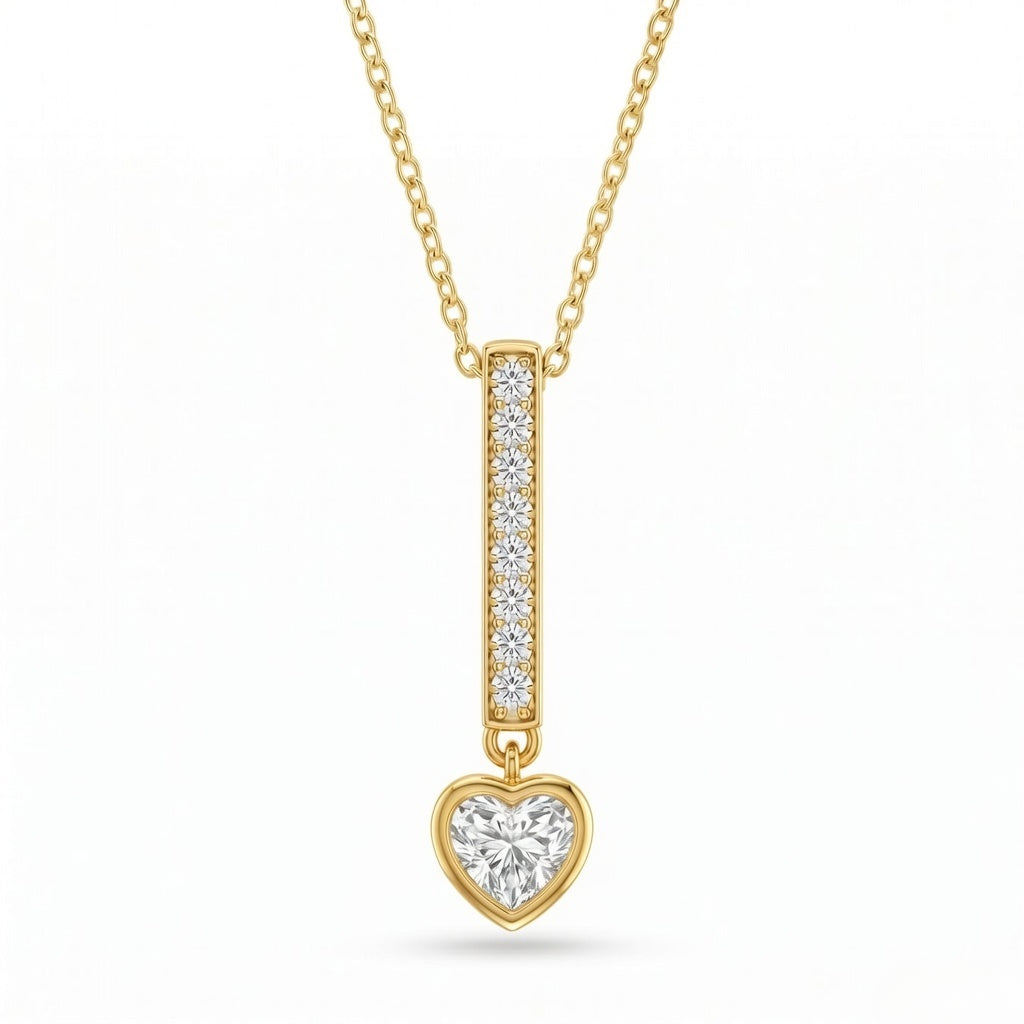 Yellow Gold Heart Brilliant Elvarion Diamond Bar Drop Pendant Necklace With Pavé Set Vertical Bar And Bezel Prong Solitaire