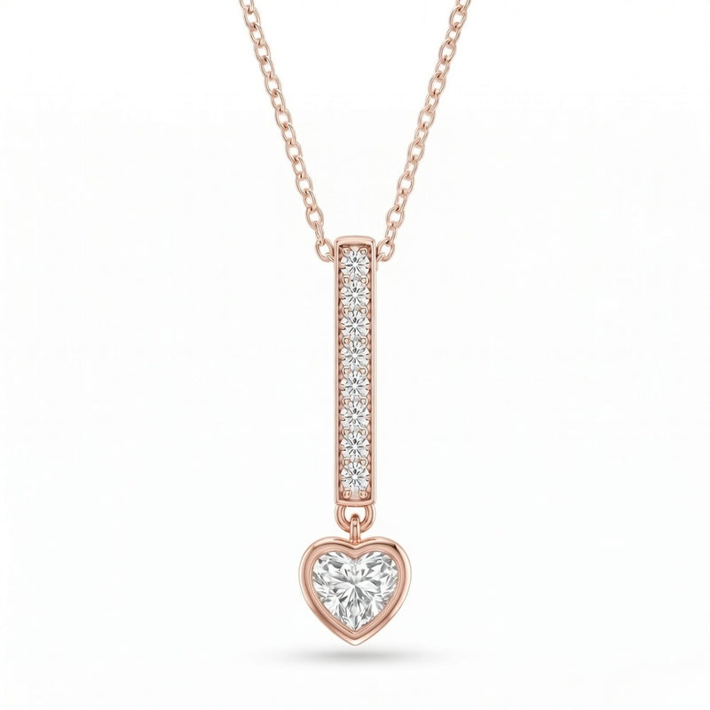 Rose Gold Heart Brilliant Elvarion Diamond Bar Drop Pendant Necklace With Pavé Set Vertical Bar And Bezel Prong Solitaire
