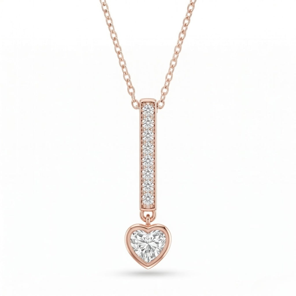 Rose Gold Heart Brilliant Elvarion Diamond Bar Drop Pendant Necklace With Pavé Set Vertical Bar And Bezel Prong Solitaire