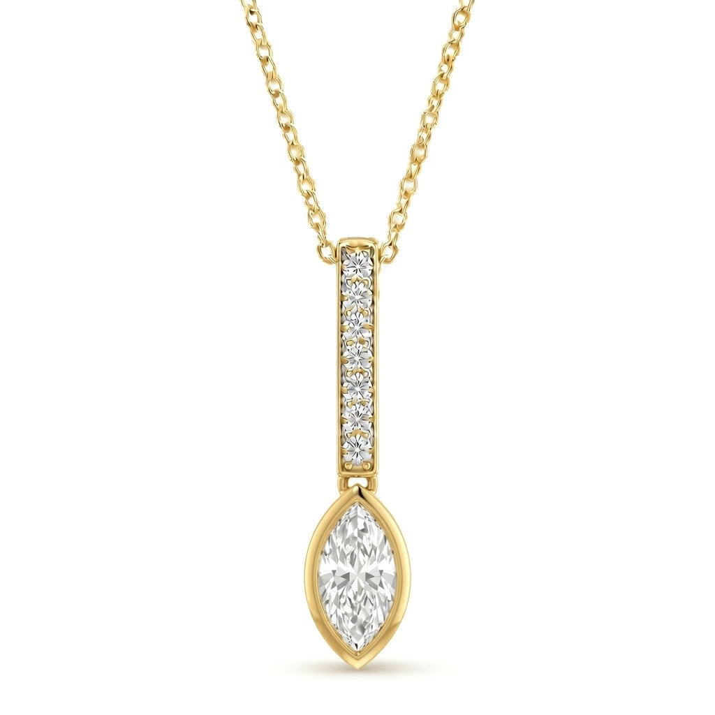 Yellow Gold Marquise Brilliant Elvarion Diamond Bar Drop Pendant Necklace With Pavé Set Vertical Bar And Bezel Prong Solitaire