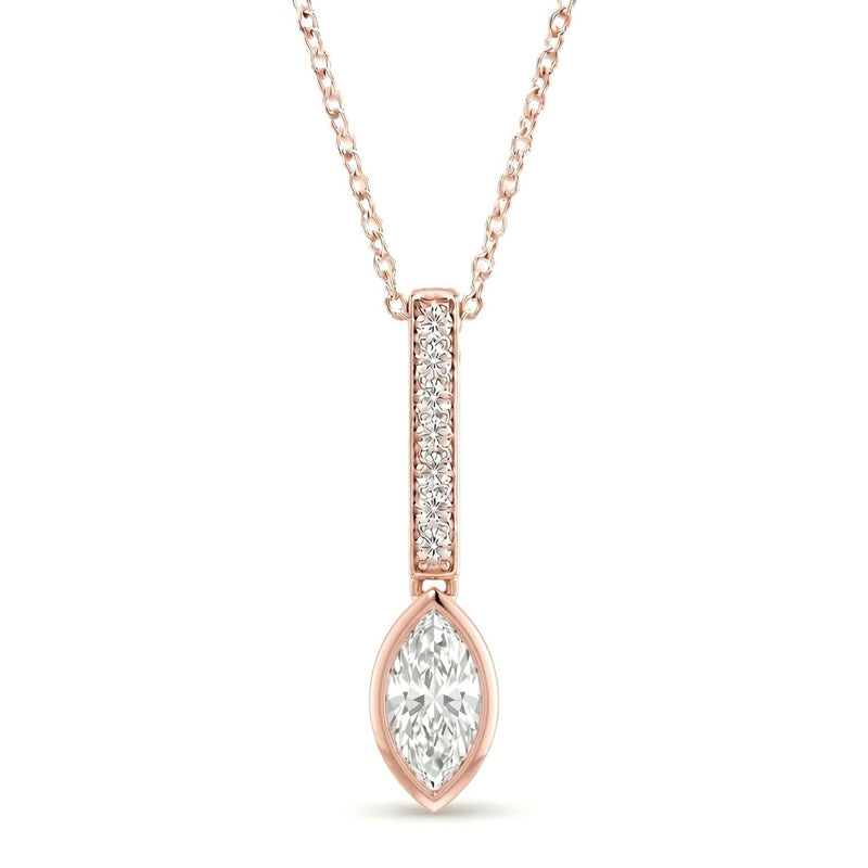 Rose Gold Marquise Brilliant Elvarion Diamond Bar Drop Pendant Necklace With Pavé Set Vertical Bar And Bezel Prong Solitaire