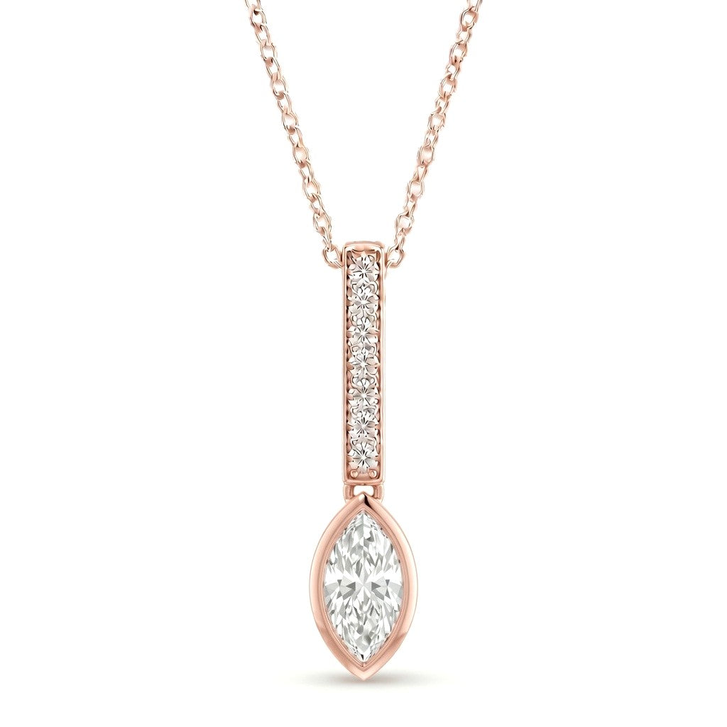 Rose Gold Marquise Brilliant Elvarion Diamond Bar Drop Pendant Necklace With Pavé Set Vertical Bar And Bezel Prong Solitaire