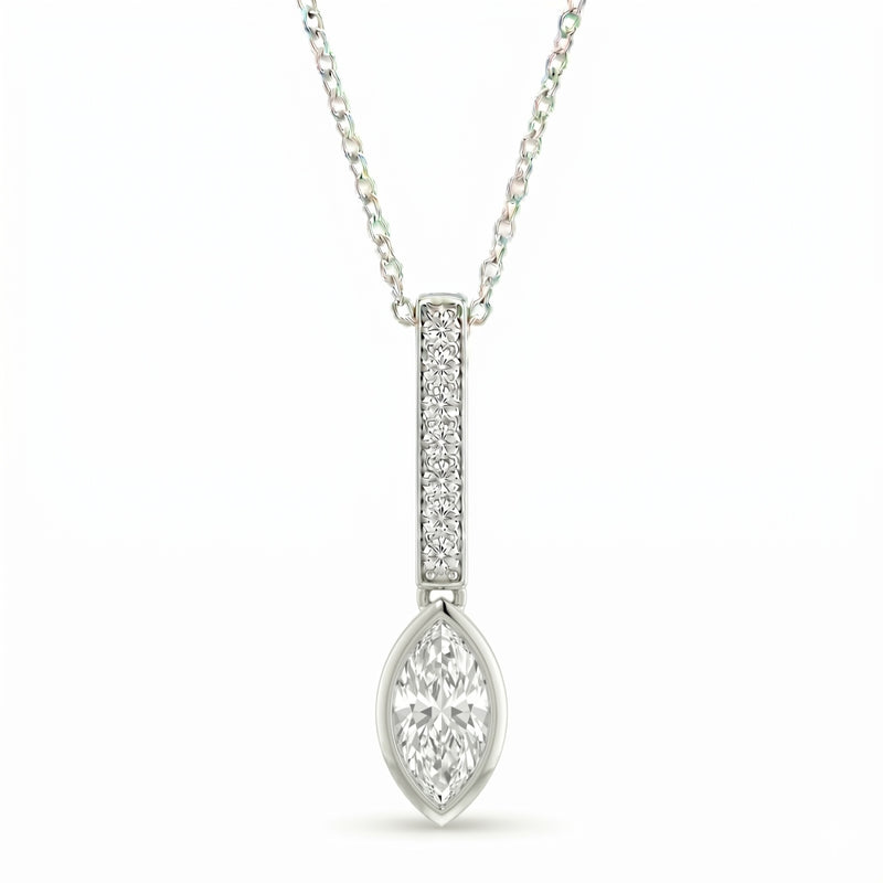 White Gold Marquise Brilliant Elvarion Diamond Bar Drop Pendant Necklace With Pavé Set Vertical Bar And Bezel Prong Solitaire