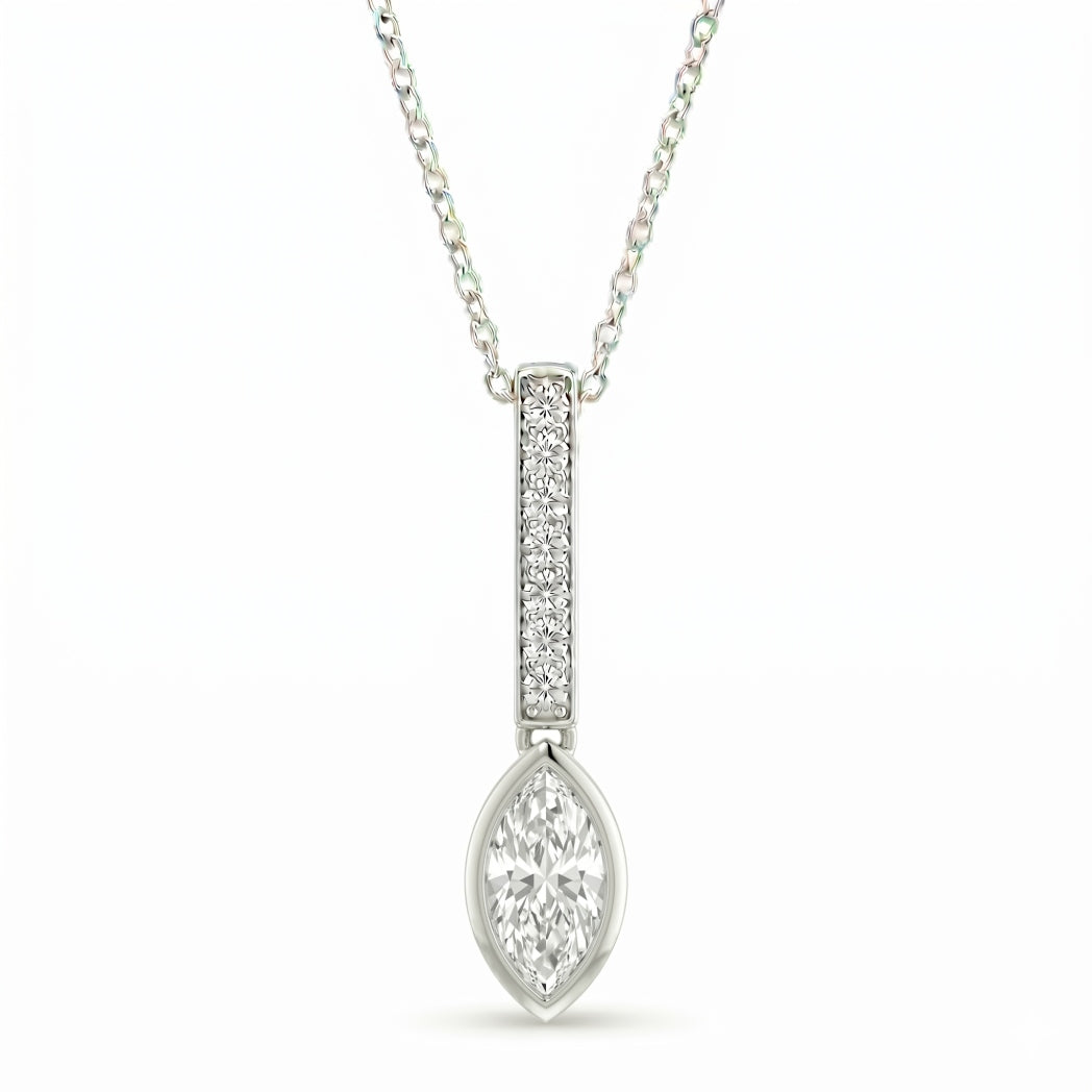 White Gold Marquise Brilliant Elvarion Diamond Bar Drop Pendant Necklace With Pavé Set Vertical Bar And Bezel Prong Solitaire