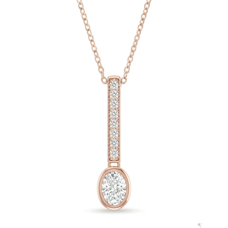 Rose Gold Oval Brilliant Elvarion Diamond Bar Drop Pendant Necklace With Pavé Set Vertical Bar And Bezel Prong Solitaire