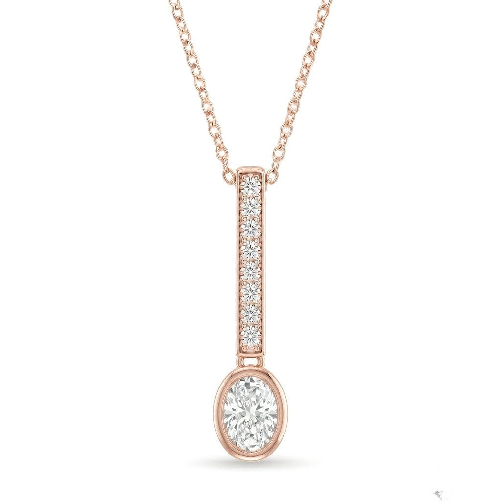 Rose Gold Oval Brilliant Elvarion Diamond Bar Drop Pendant Necklace With Pavé Set Vertical Bar And Bezel Prong Solitaire
