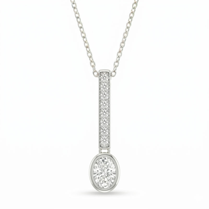 Silver Oval Brilliant Elvarion Diamond Bar Drop Pendant Necklace With Pavé Set Vertical Bar And Bezel Prong Solitaire