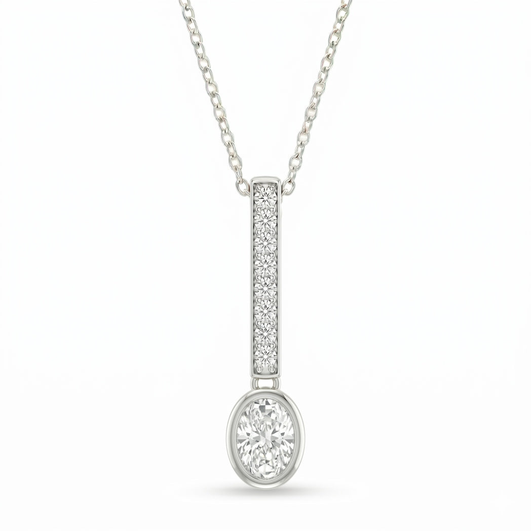Silver Oval Brilliant Elvarion Diamond Bar Drop Pendant Necklace With Pavé Set Vertical Bar And Bezel Prong Solitaire