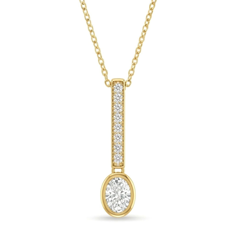 Yellow Gold Oval Brilliant Elvarion Diamond Bar Drop Pendant Necklace With Pavé Set Vertical Bar And Bezel Prong Solitaire