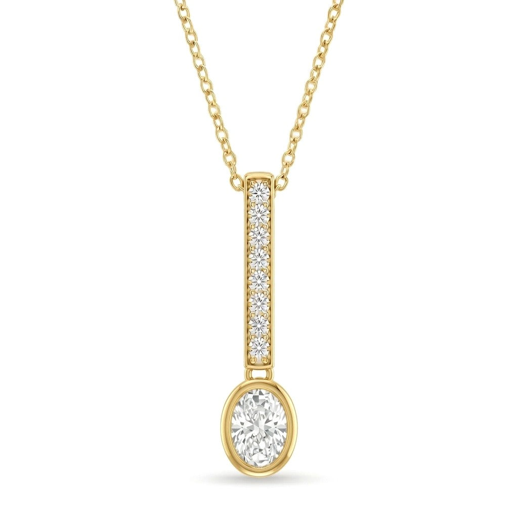 Yellow Gold Oval Brilliant Elvarion Diamond Bar Drop Pendant Necklace With Pavé Set Vertical Bar And Bezel Prong Solitaire