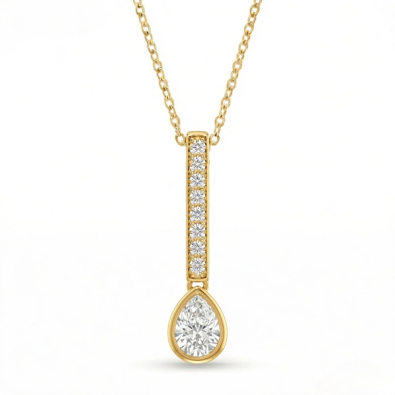 Yellow Gold Pear Brilliant Elvarion Diamond Bar Drop Pendant Necklace With Pavé Set Vertical Bar And Bezel Prong Solitaire