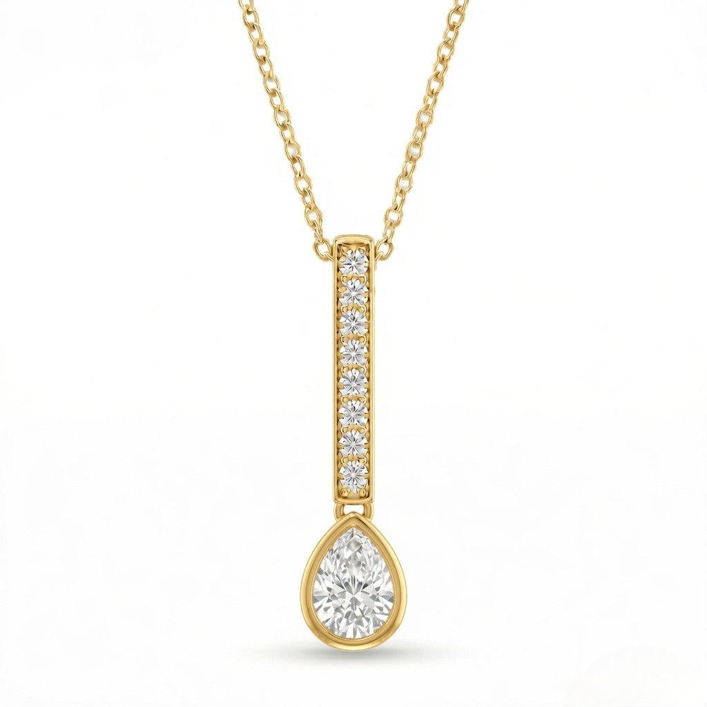 Yellow Gold Pear Brilliant Elvarion Diamond Bar Drop Pendant Necklace With Pavé Set Vertical Bar And Bezel Prong Solitaire