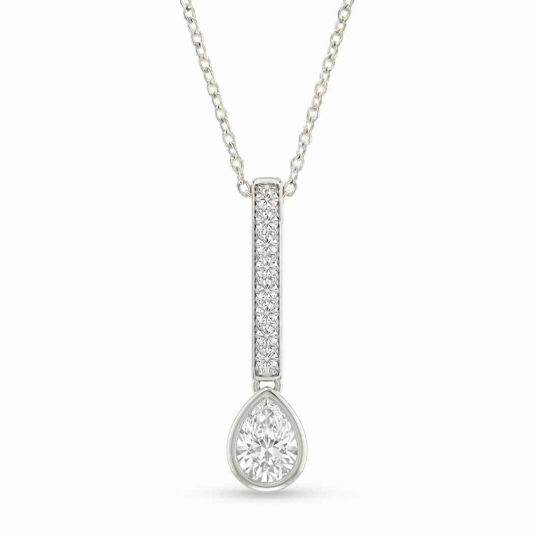 White Gold Pear Brilliant Elvarion Diamond Bar Drop Pendant Necklace With Pavé Set Vertical Bar And Bezel Prong Solitaire