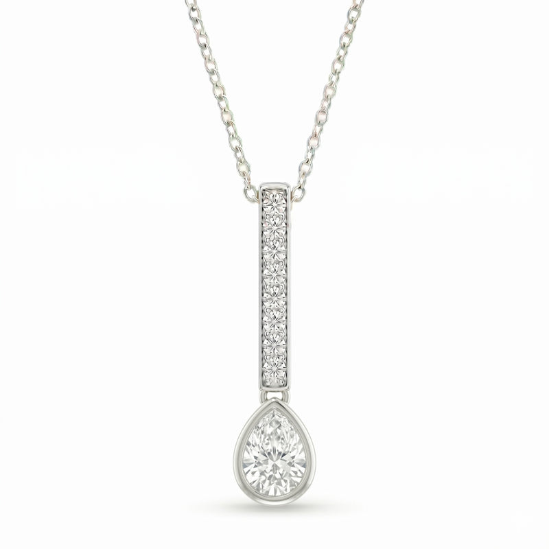 Silver Pear Brilliant Elvarion Diamond Bar Drop Pendant Necklace With Pavé Set Vertical Bar And Bezel Prong Solitaire