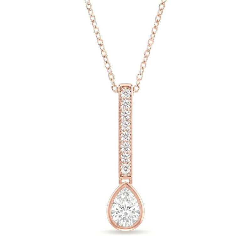 Rose Gold Pear Brilliant Elvarion Diamond Bar Drop Pendant Necklace With Pavé Set Vertical Bar And Bezel Prong Solitaire