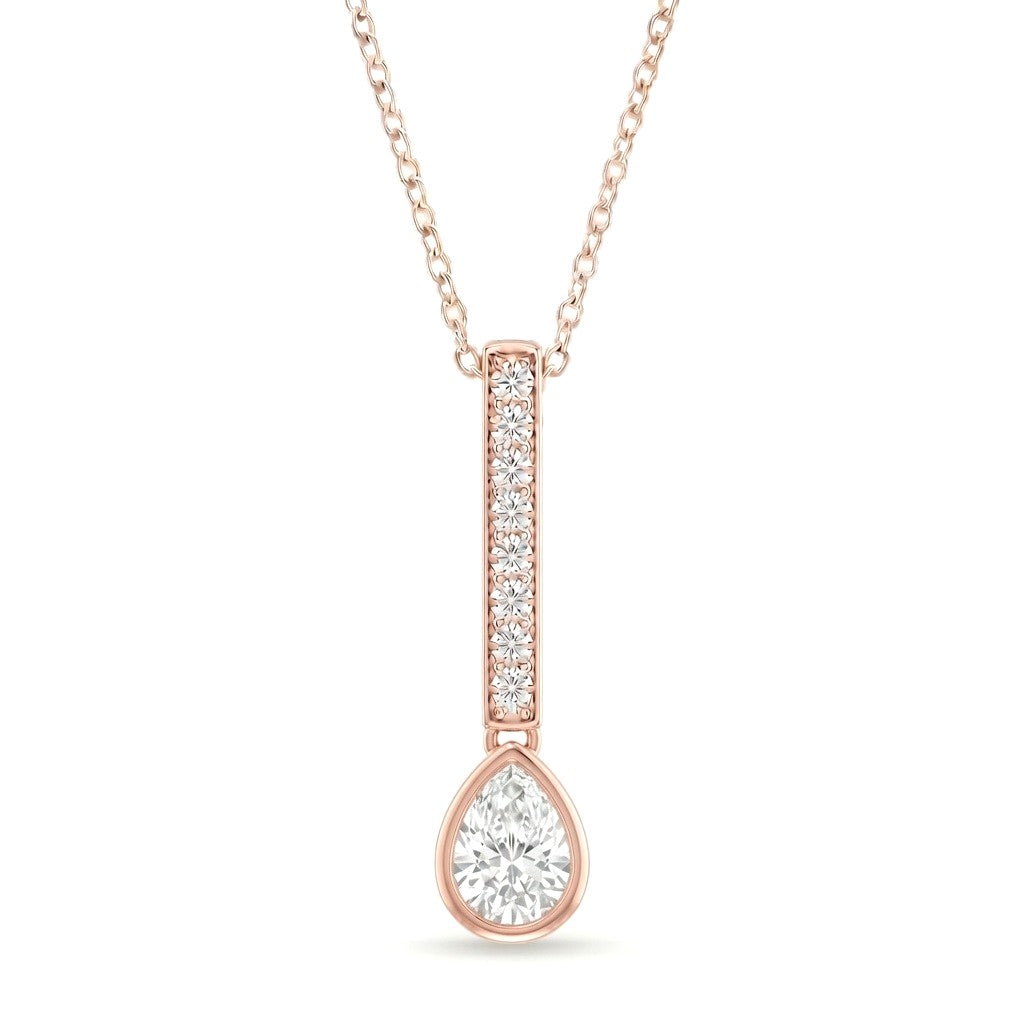 Rose Gold Pear Brilliant Elvarion Diamond Bar Drop Pendant Necklace With Pavé Set Vertical Bar And Bezel Prong Solitaire