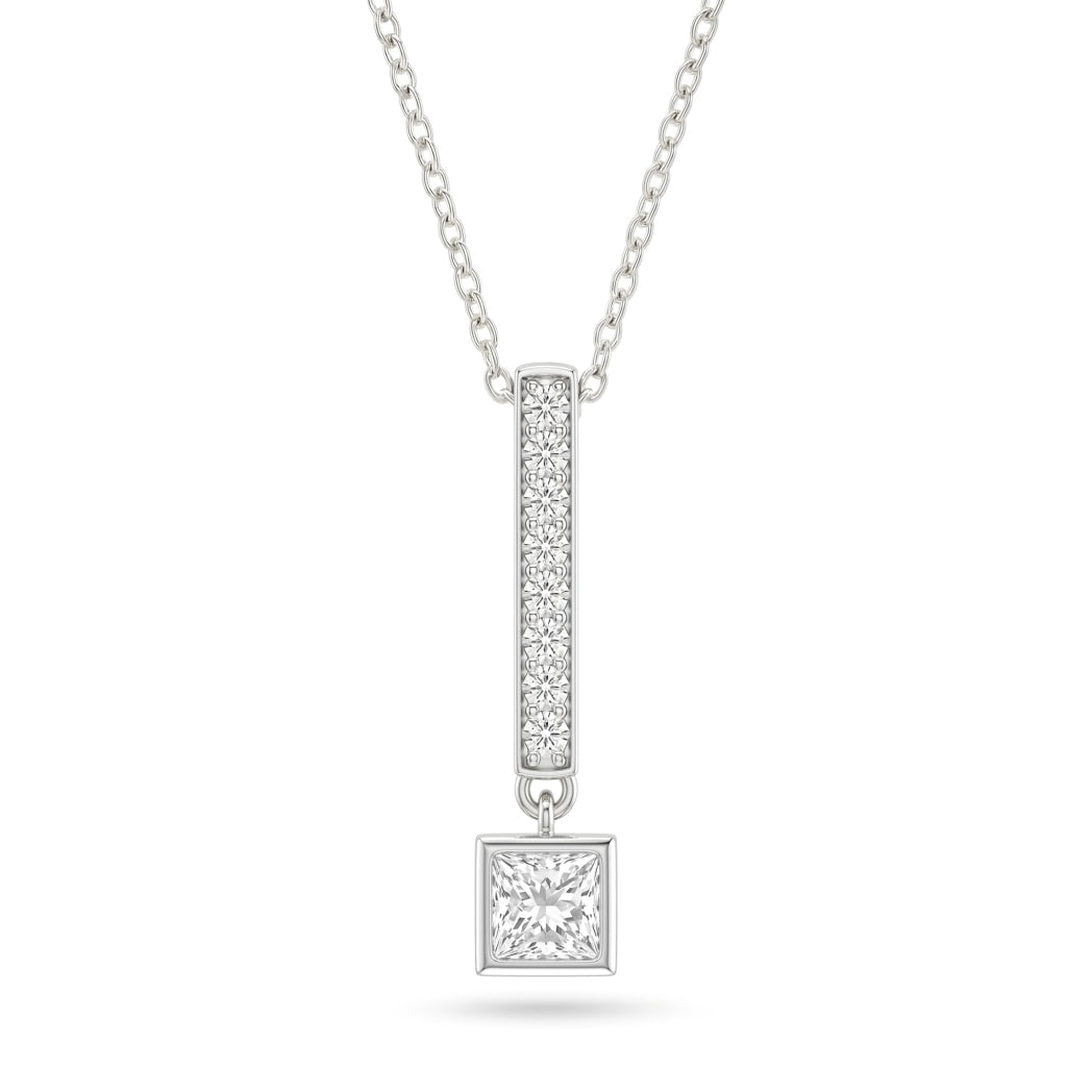 White Gold Princess Brilliant Elvarion Diamond Bar Drop Pendant Necklace With Pavé Set Vertical Bar And Bezel Prong Solitaire