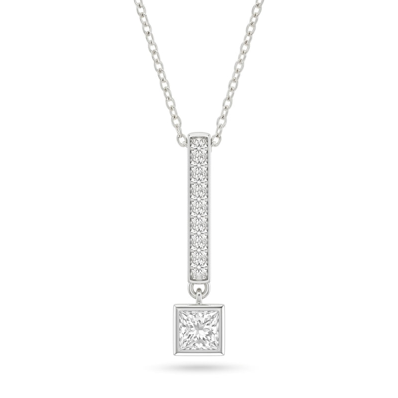 Silver Princess Brilliant Elvarion Diamond Bar Drop Pendant Necklace With Pavé Set Vertical Bar And Bezel Prong Solitaire