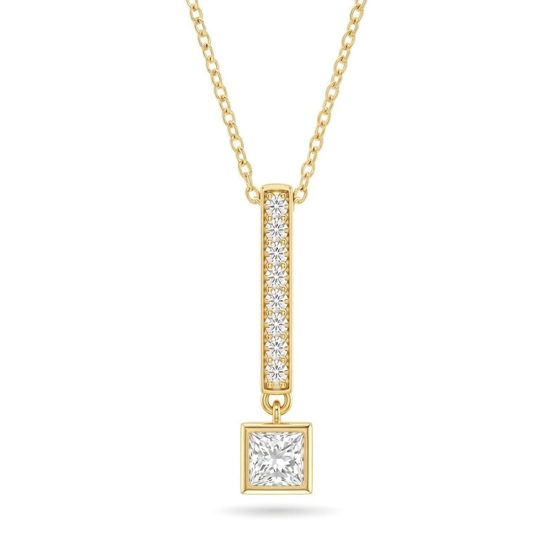Yellow Gold Princess Brilliant Elvarion Diamond Bar Drop Pendant Necklace With Pavé Set Vertical Bar And Bezel Prong Solitaire