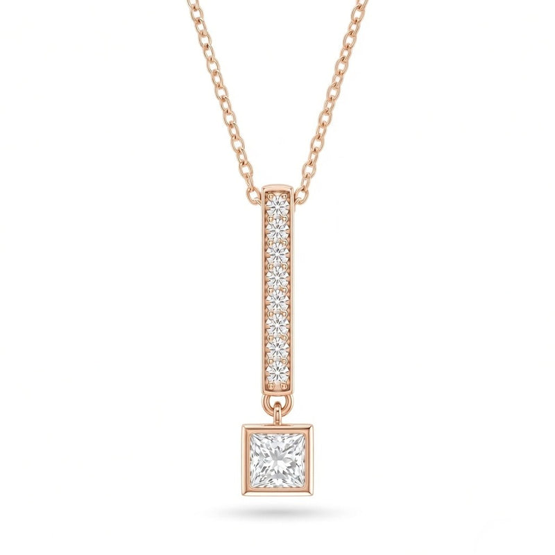 Rose Gold Princess Brilliant Elvarion Diamond Bar Drop Pendant Necklace With Pavé Set Vertical Bar And Bezel Prong Solitaire