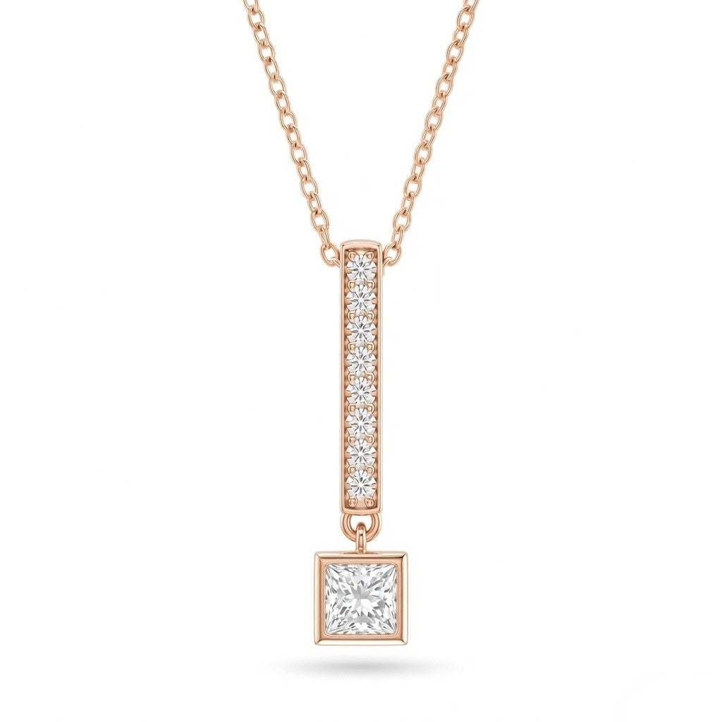Rose Gold Princess Brilliant Elvarion Diamond Bar Drop Pendant Necklace With Pavé Set Vertical Bar And Bezel Prong Solitaire