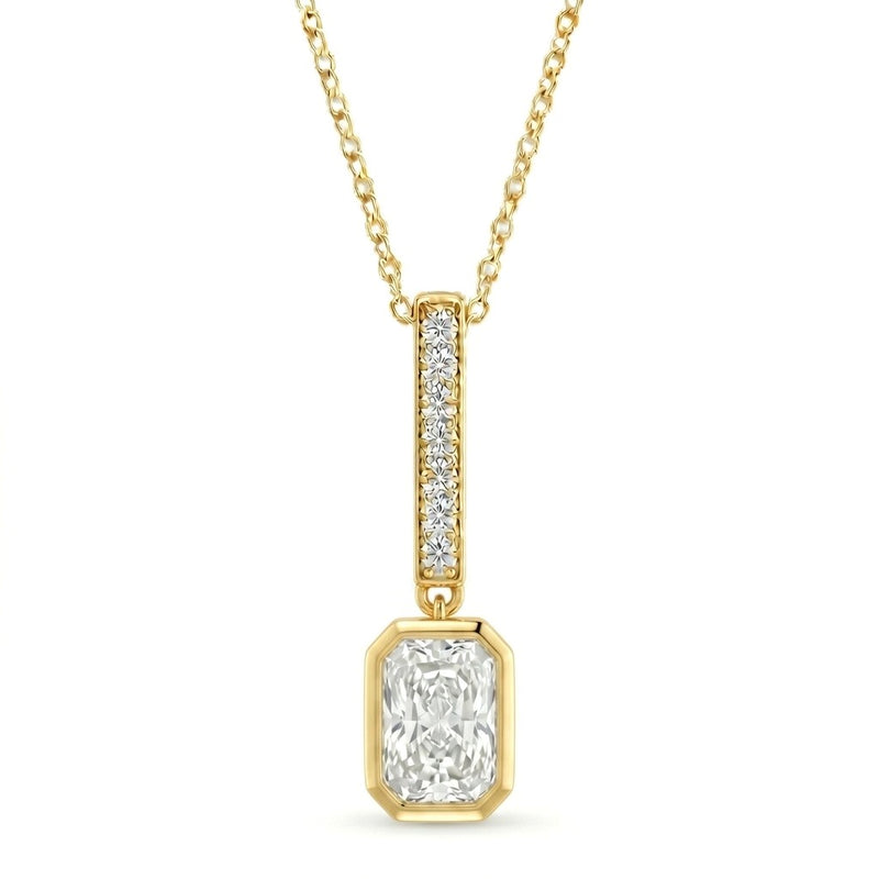 Yellow Gold Radiant Brilliant Elvarion Diamond Bar Drop Pendant Necklace With Pavé Set Vertical Bar And Bezel Prong Solitaire