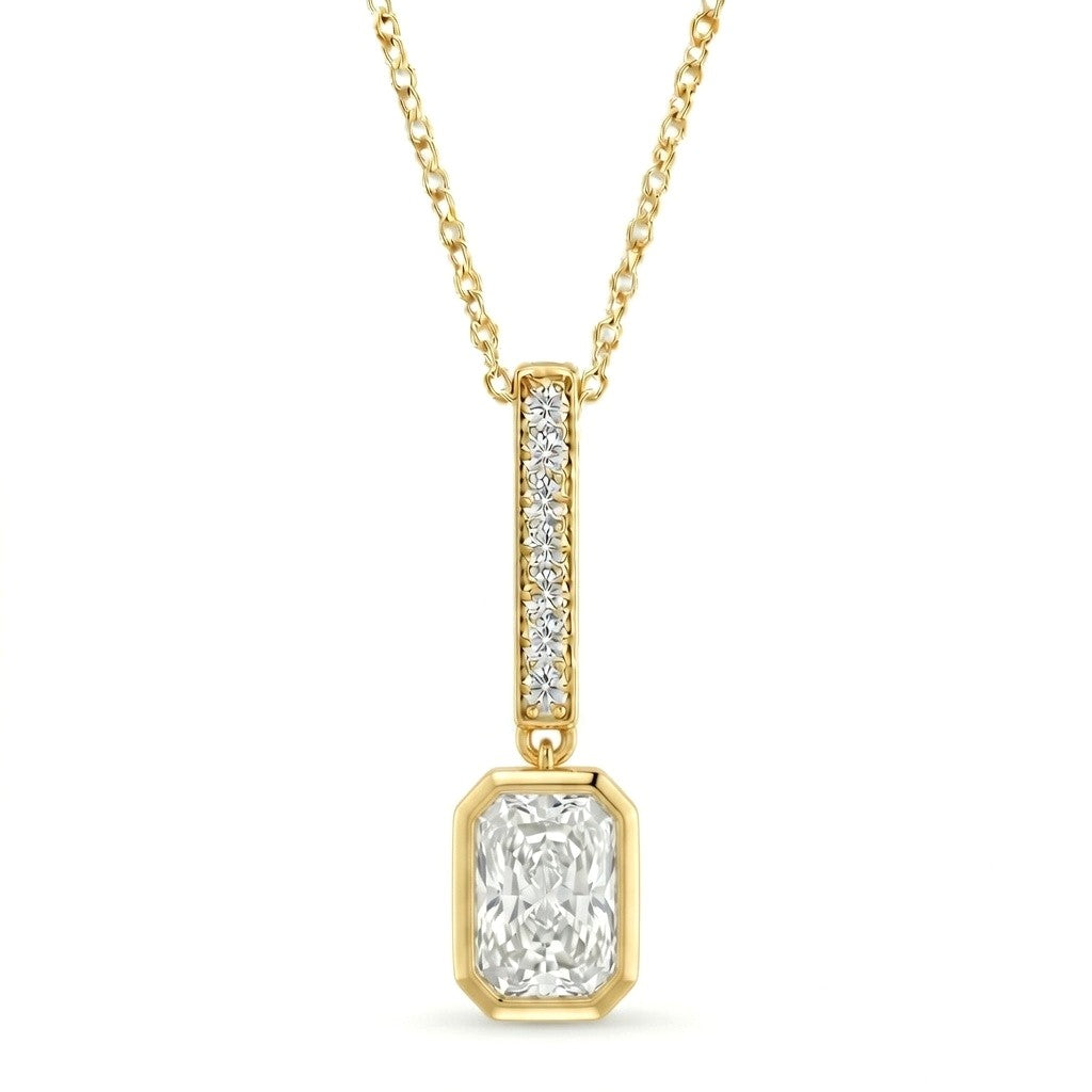 Yellow Gold Radiant Brilliant Elvarion Diamond Bar Drop Pendant Necklace With Pavé Set Vertical Bar And Bezel Prong Solitaire