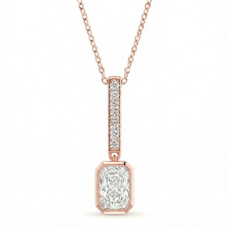 Rose Gold Radiant Brilliant Elvarion Diamond Bar Drop Pendant Necklace With Pavé Set Vertical Bar And Bezel Prong Solitaire