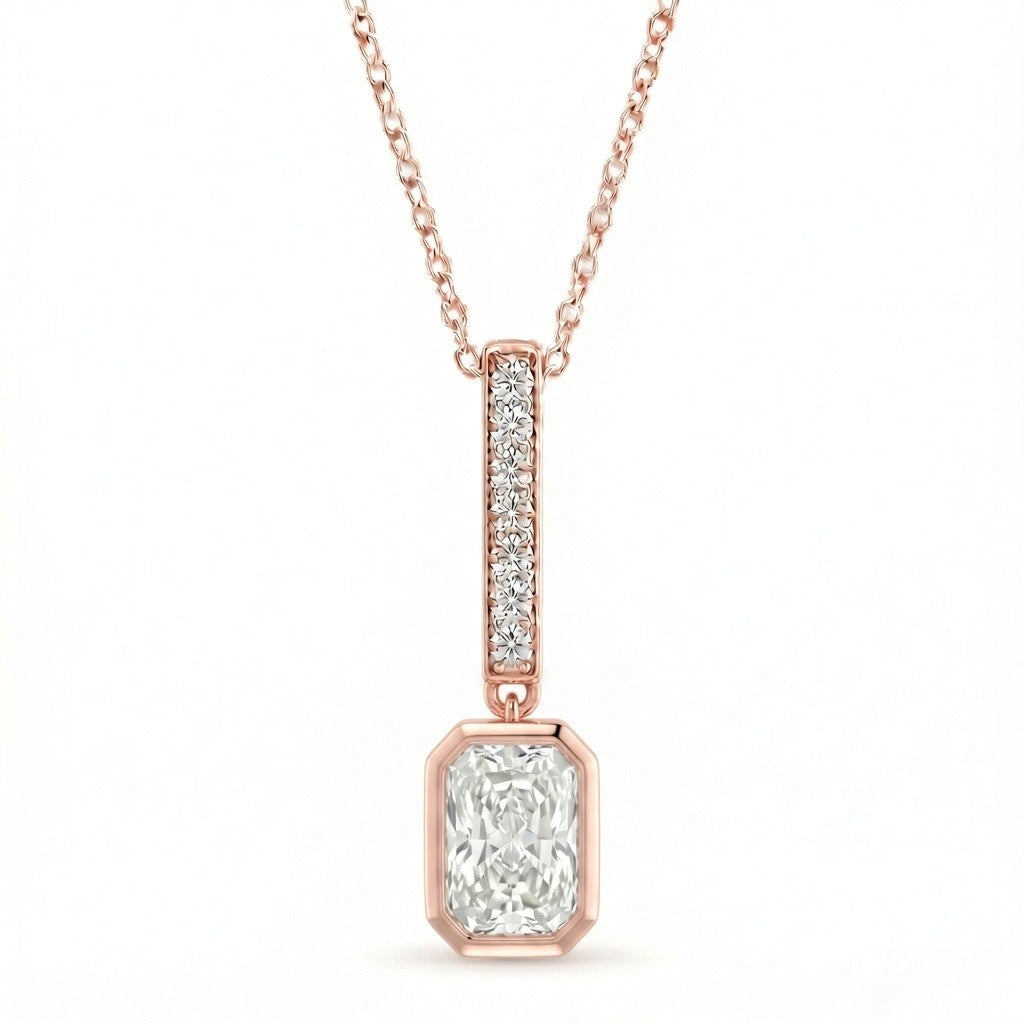 Rose Gold Radiant Brilliant Elvarion Diamond Bar Drop Pendant Necklace With Pavé Set Vertical Bar And Bezel Prong Solitaire