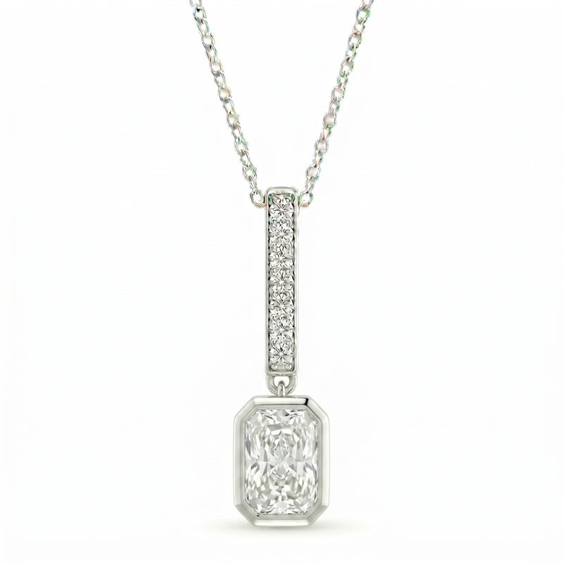 White Gold Radiant Brilliant Elvarion Diamond Bar Drop Pendant Necklace With Pavé Set Vertical Bar And Bezel Prong Solitaire