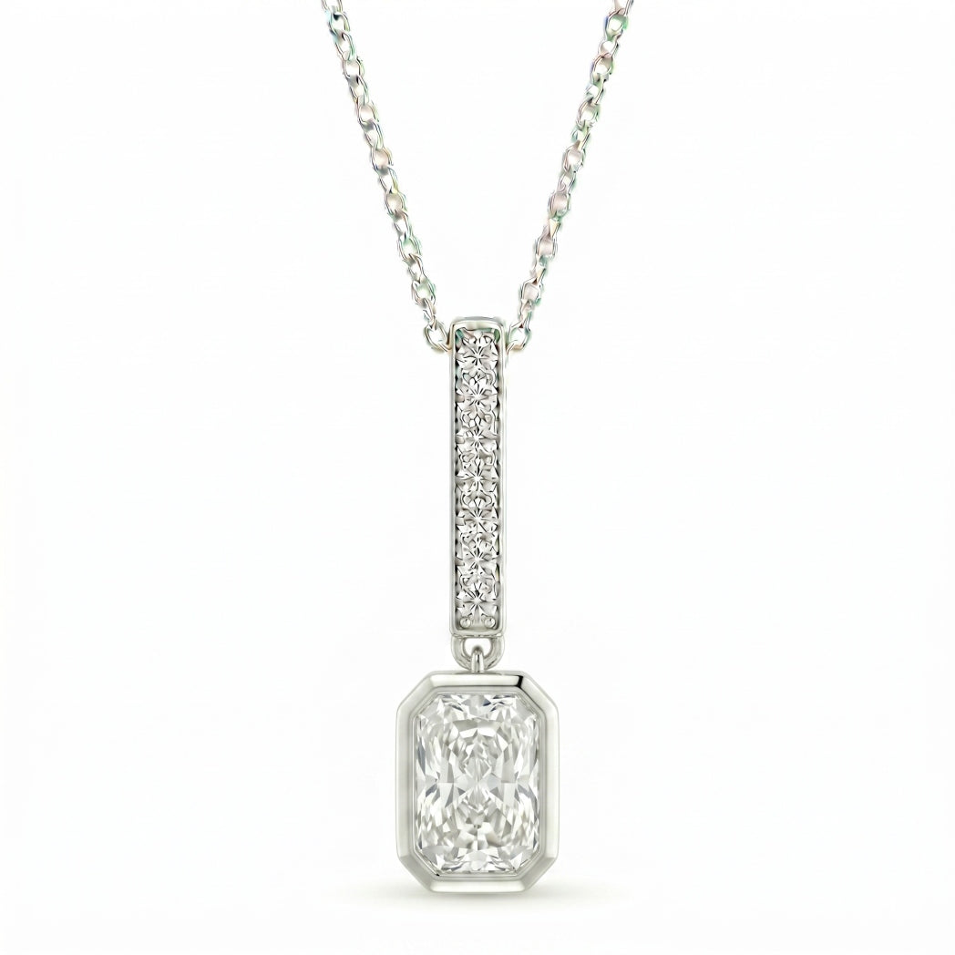 White Gold Radiant Brilliant Elvarion Diamond Bar Drop Pendant Necklace With Pavé Set Vertical Bar And Bezel Prong Solitaire
