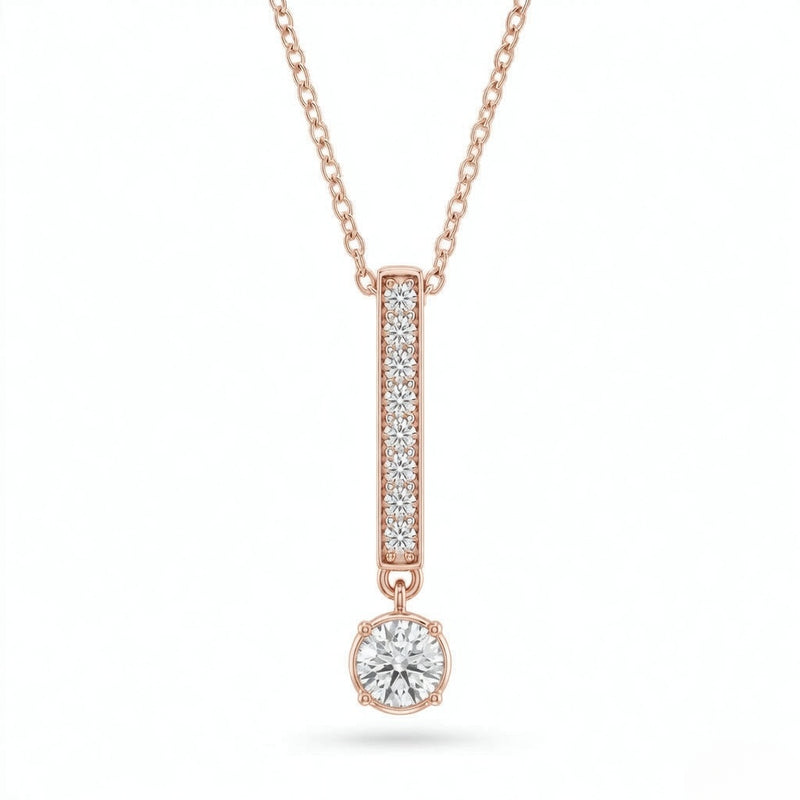 Rose Gold Round Brilliant Elvarion Diamond Bar Drop Pendant Necklace With Pavé Set Vertical Bar And Bezel Prong Solitaire