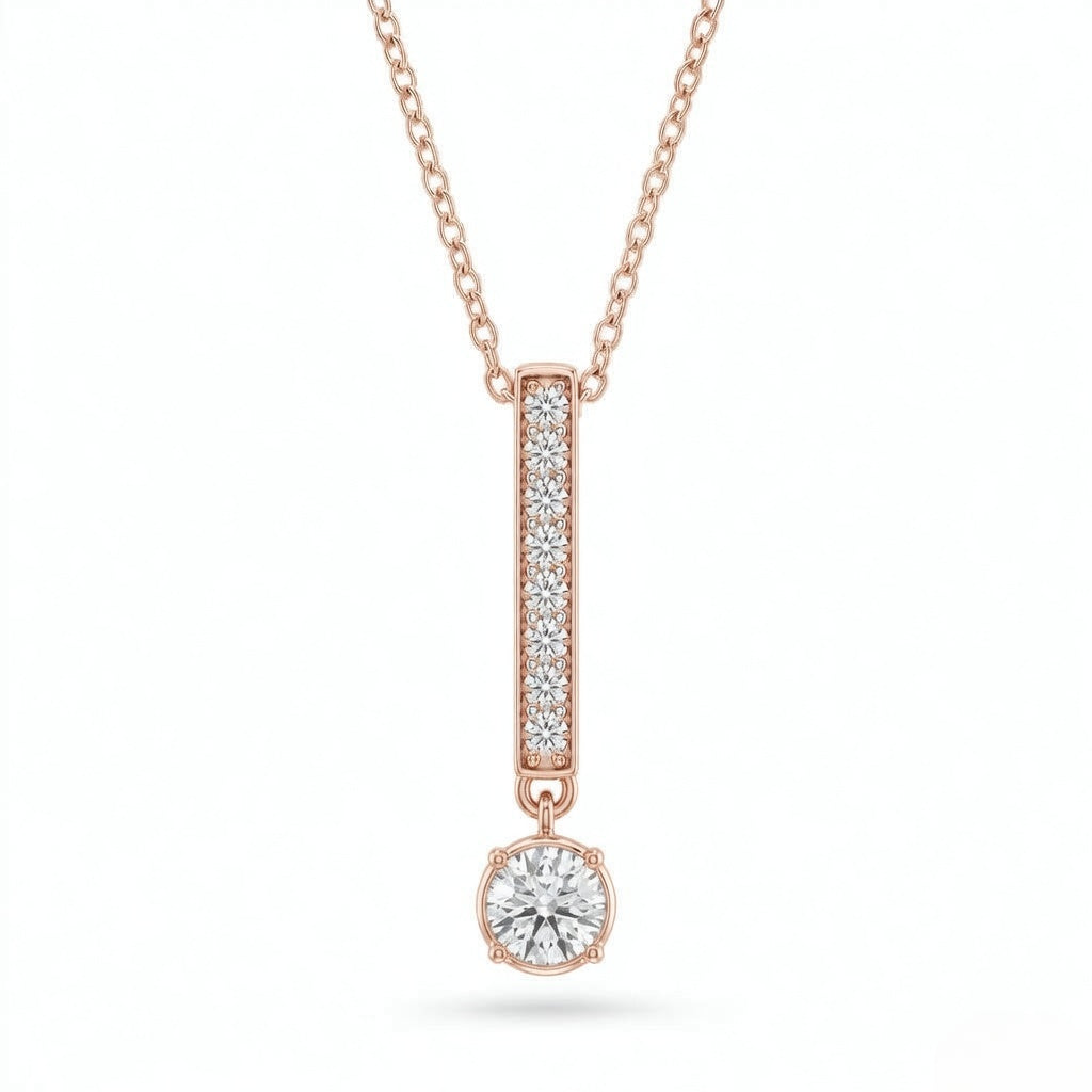 Rose Gold Round Brilliant Elvarion Diamond Bar Drop Pendant Necklace With Pavé Set Vertical Bar And Bezel Prong Solitaire