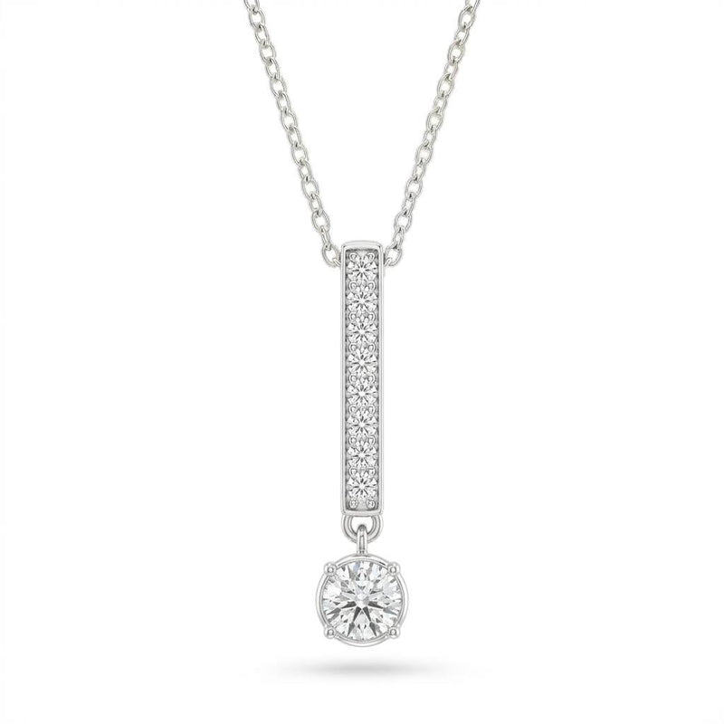 Silver Round Brilliant Elvarion Diamond Bar Drop Pendant Necklace With Pavé Set Vertical Bar And Bezel Prong Solitaire