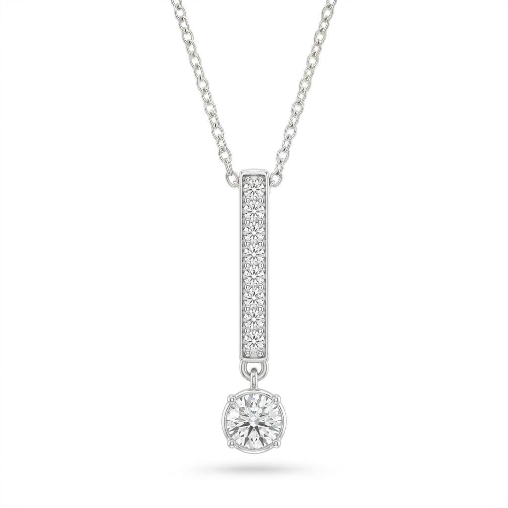 Silver Round Brilliant Elvarion Diamond Bar Drop Pendant Necklace With Pavé Set Vertical Bar And Bezel Prong Solitaire