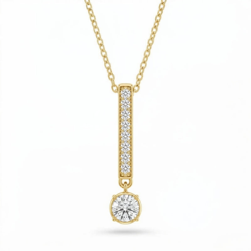 Yellow Gold Round Brilliant Elvarion Diamond Bar Drop Pendant Necklace With Pavé Set Vertical Bar And Bezel Prong Solitaire