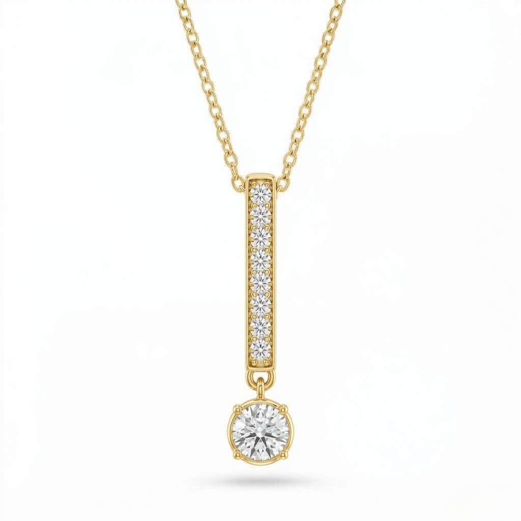 Yellow Gold Round Brilliant Elvarion Diamond Bar Drop Pendant Necklace With Pavé Set Vertical Bar And Bezel Prong Solitaire