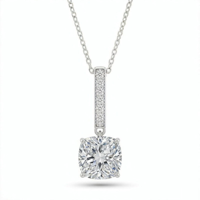 White Gold Cushion Brilliant Zymeris Diamond Vertical Bar Drop Pendant Necklace With Pavé Set Slim Bar And Solitaire Prong Drop